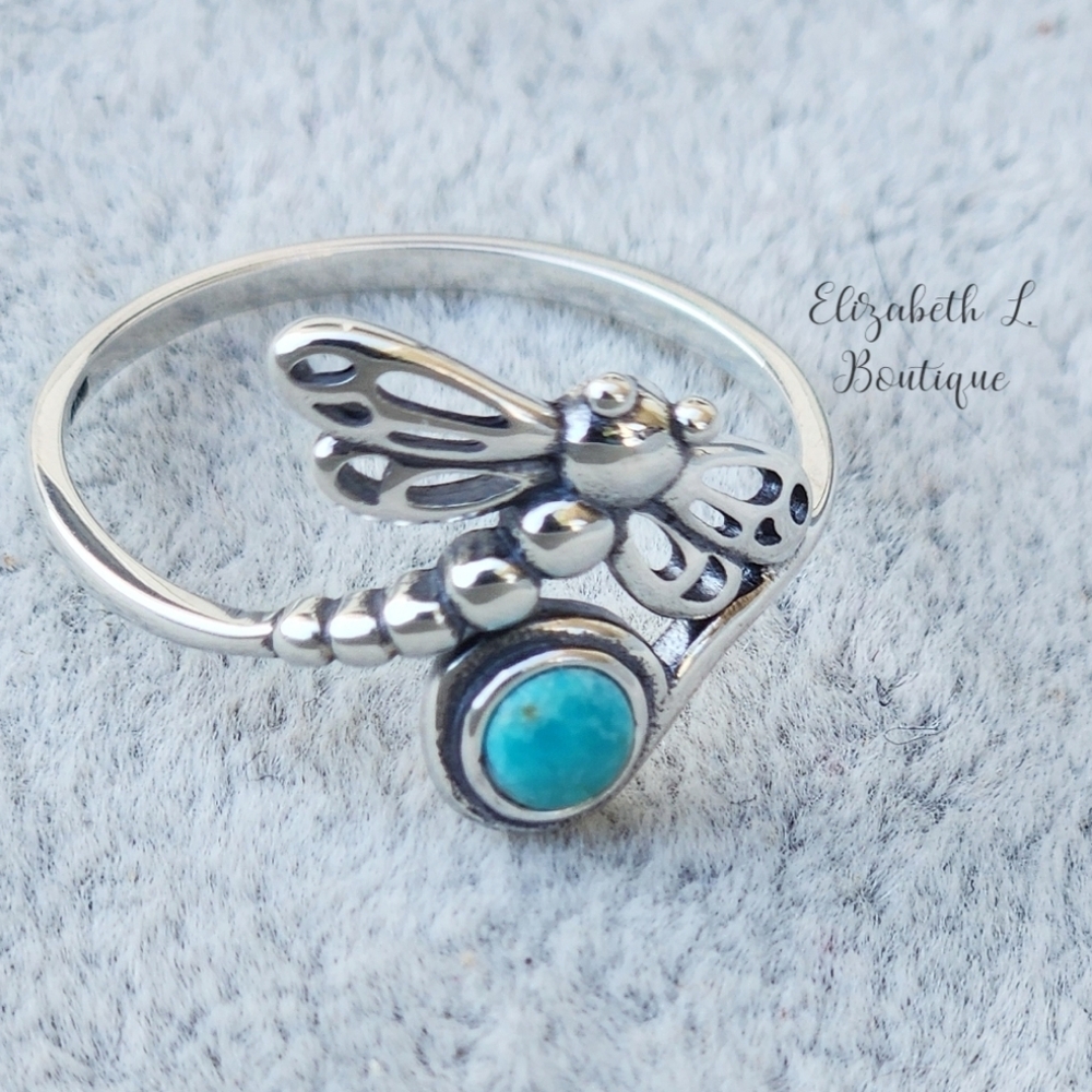 925 Sterling Silver Genuine Turquoise Dragonfly Ring Boutique BNWT
